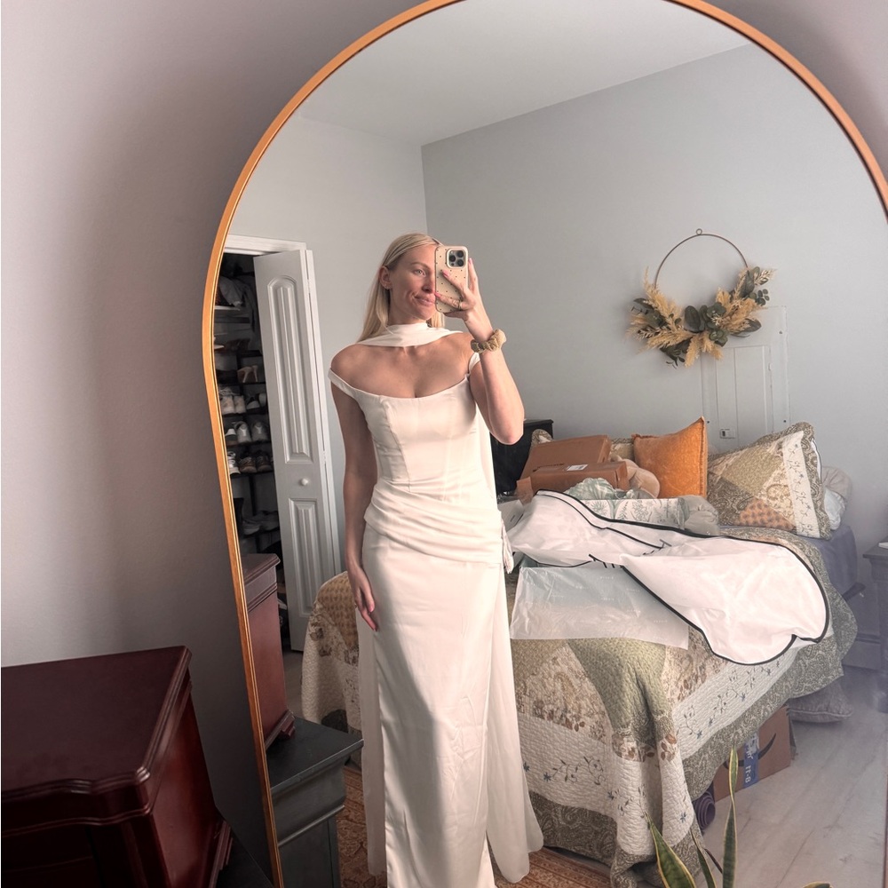 Elegant White Off-Shoulder Satin Gown